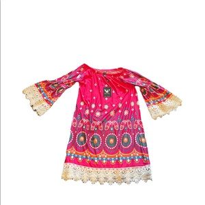 Pink/ fuchsia dress with white lace flare arms.